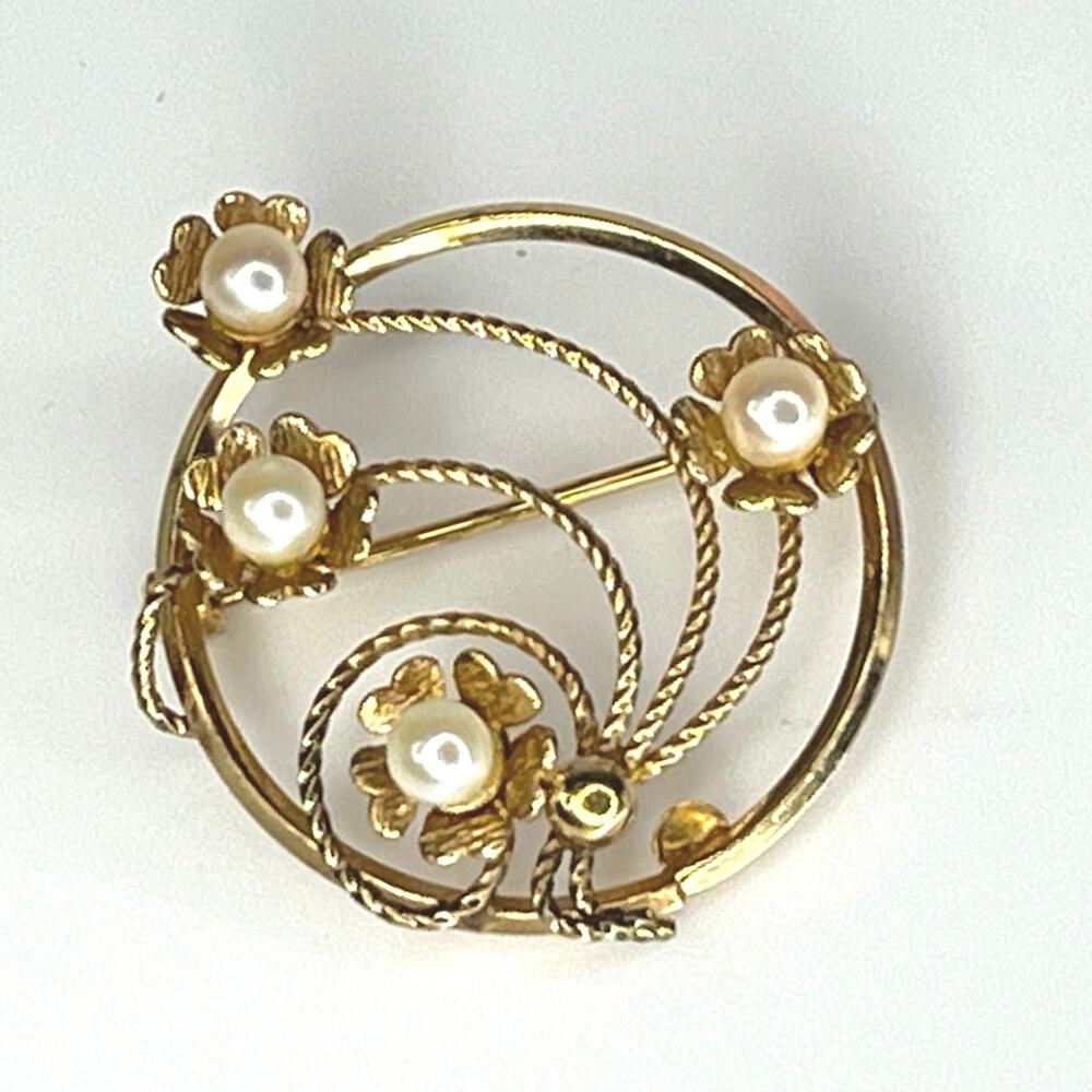 Gold Pearl Brooch Pin 120 12k Flower Bouquet Spiral Circle Vintage